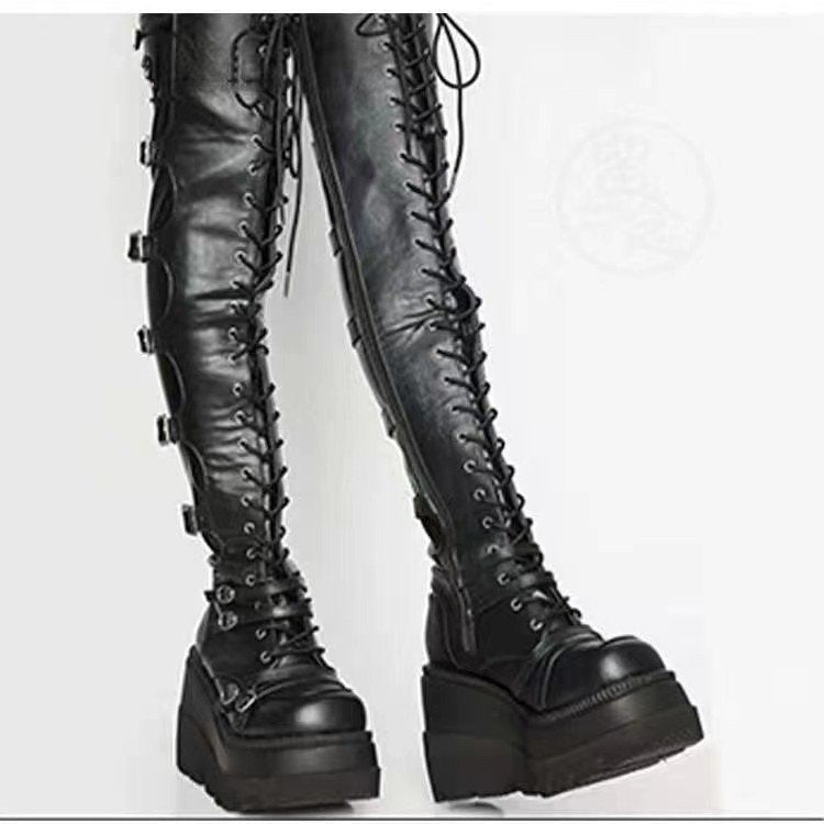 Women's Over-the-Knee Boots in Biker Style with Continuous Lacing, Side Zipper and Chunky Platform Sole Mune Fashion
