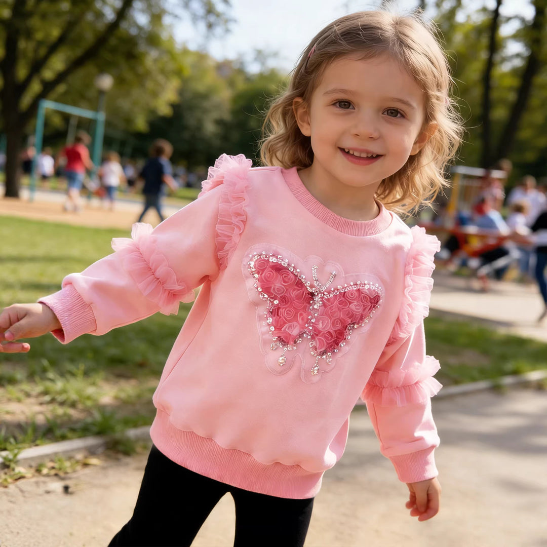 Girls sweatshirt with shiny butterfly design and ruffle details Mune Fashion