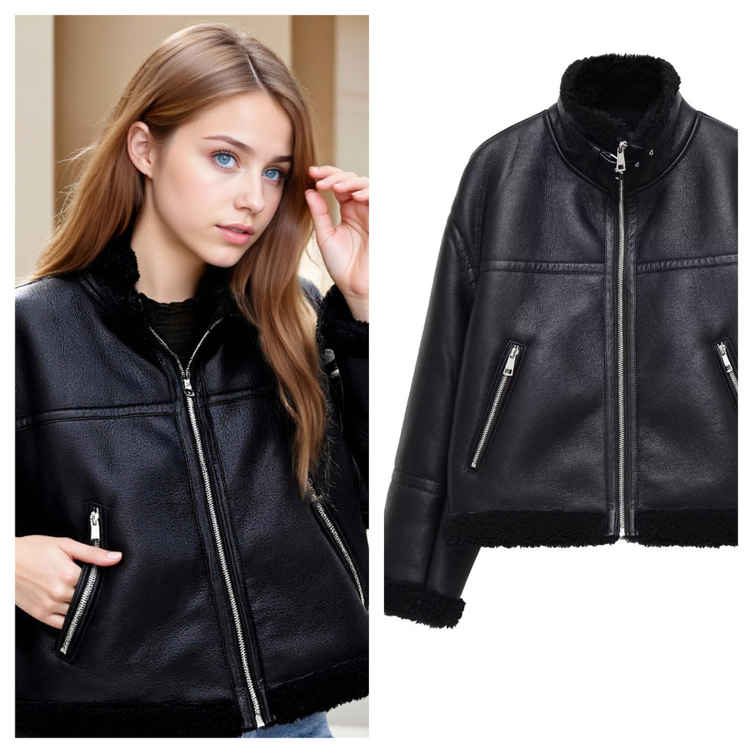 Women's Oversize Pilot Jacket made of Faux Leather with Teddy Lining and Stand Collar Mune Fashion