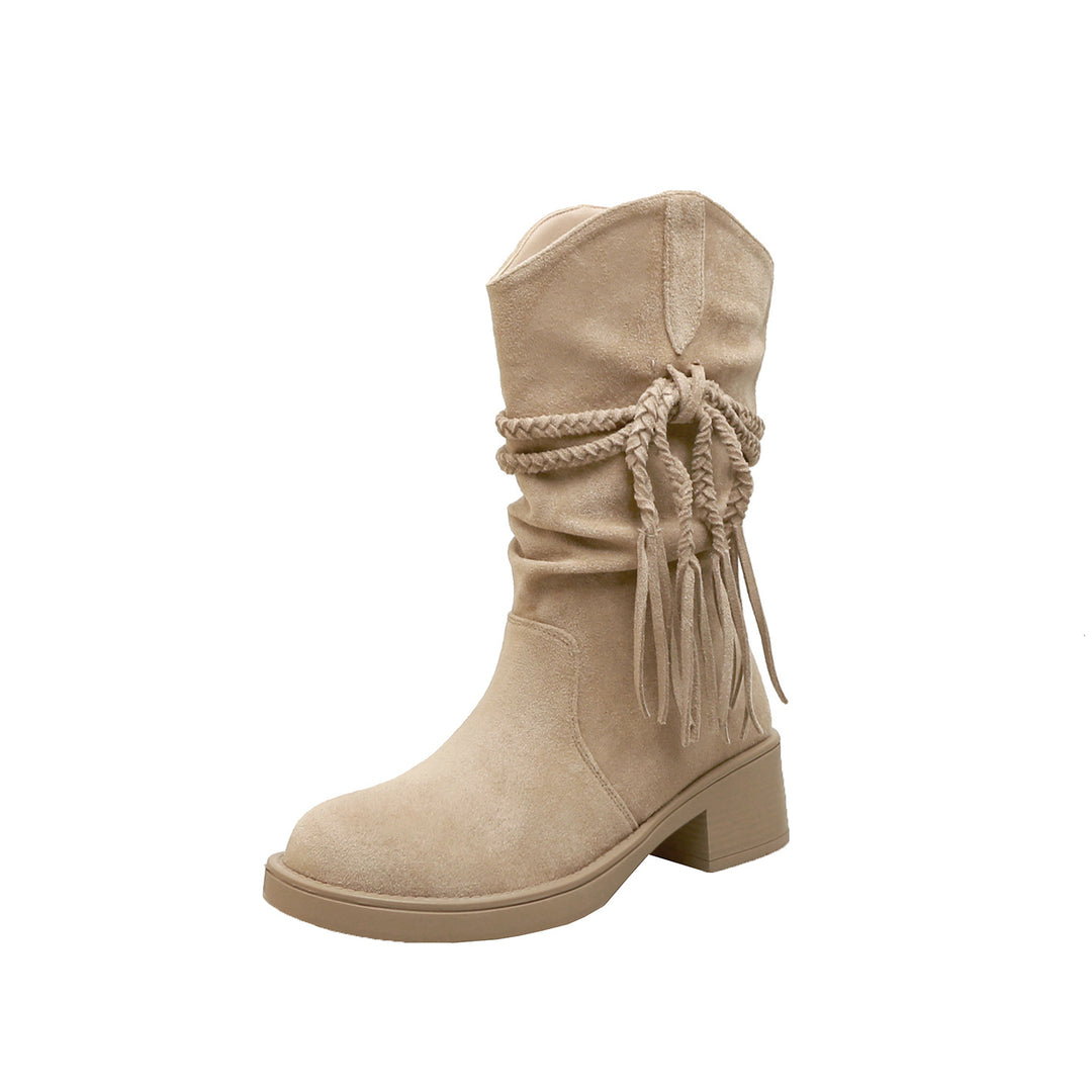 Women's Calf-Height Suede Boots with Braided Tassel Strap Mune Fashion