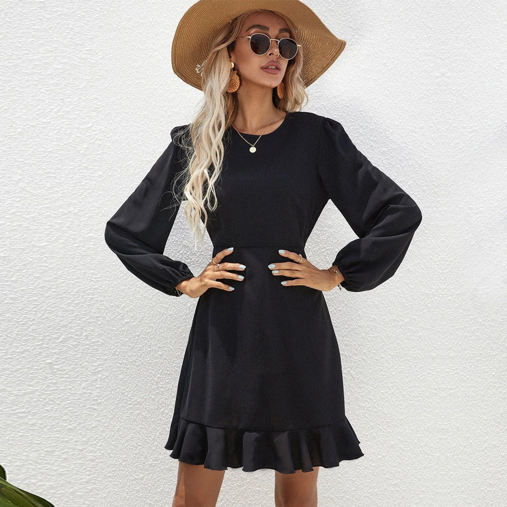 Ladies elegant long-sleeve mini dress with puff sleeves fitted empire silhouette and flounce hem Mune Fashion