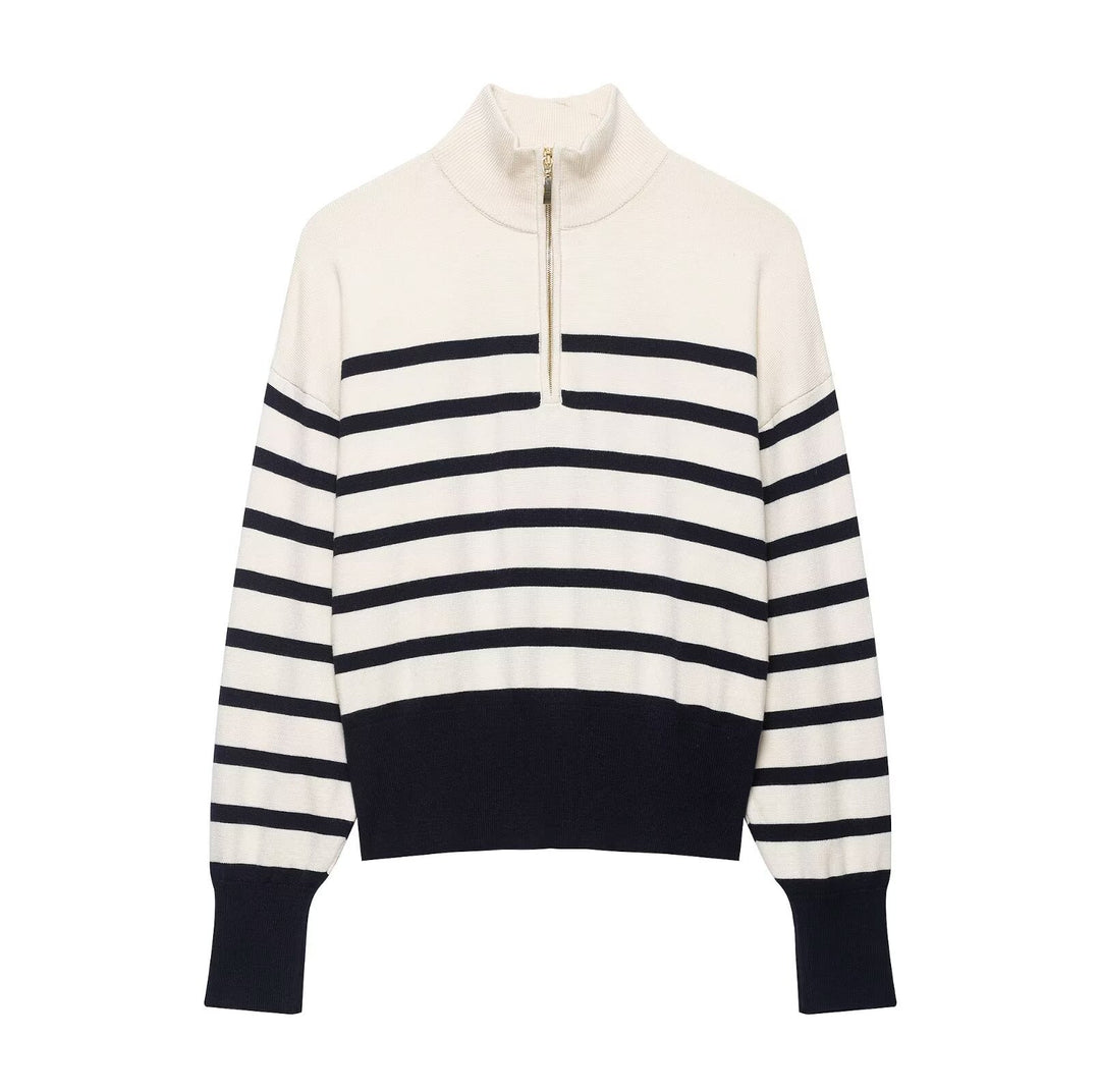 Women's Cropped Boxy Knit Sweater with Half Zipper, Stand Collar and Wide Stripes