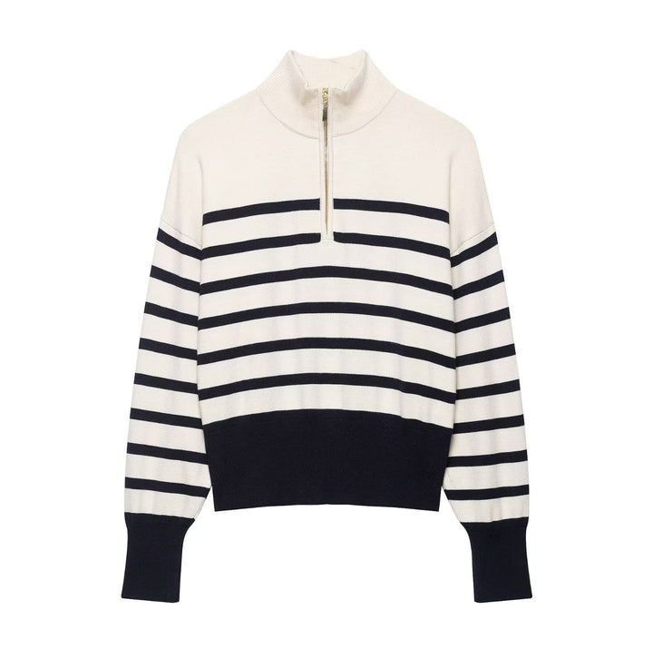 Women's Cropped Boxy Knit Sweater with Half Zipper, Stand Collar and Wide Stripes