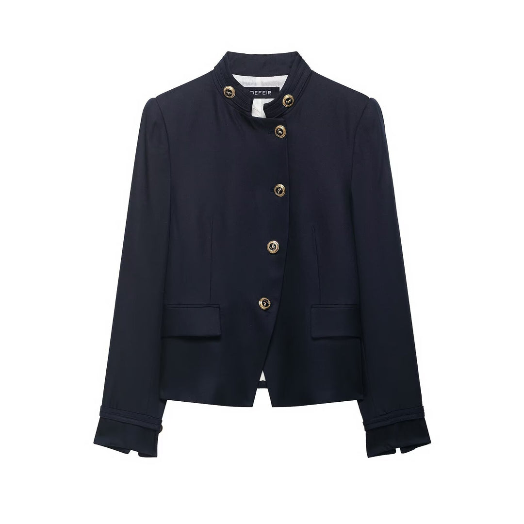 Women's Collarless Short Blazer with Stand Collar and Golden Decorative Buttons Mune Fashion
