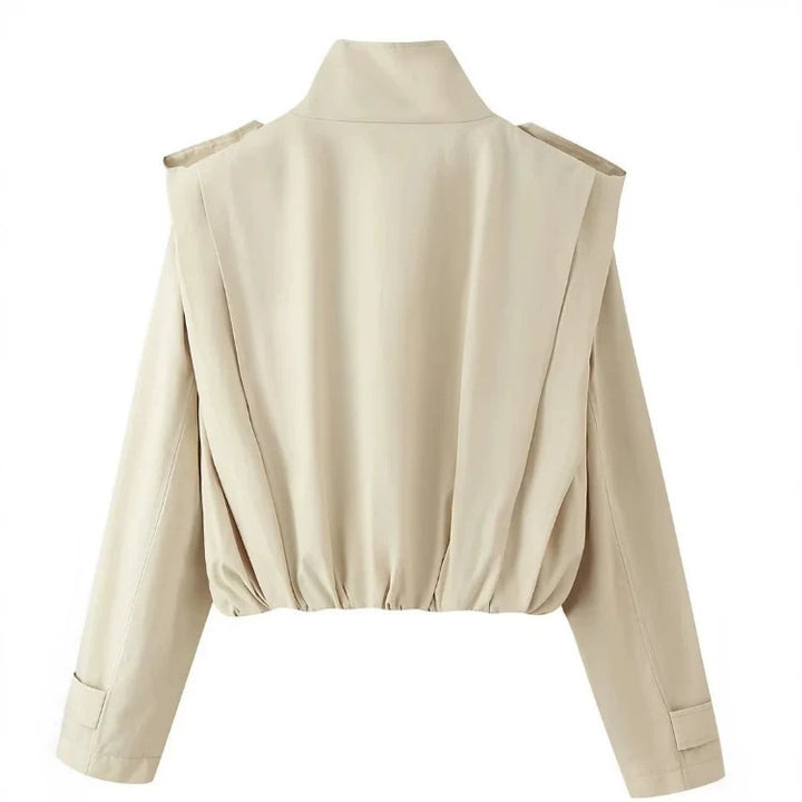 Women's Cropped Double-Breasted Trench Jacket with Stand Collar, Epaulettes, and Elastic Hem Mune Fashion