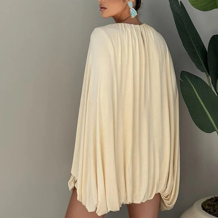 Ladies Cape Mini Dress with Pleats and Side Sleeve Slits Mune Fashion