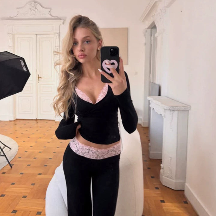 Women Figure-Hugging Lounge Set with Lace Detail, High-Waist Leggings & Crop Top Mune Fashion