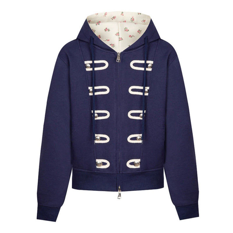 Women's hooded sweat jacket with decorative loops and metal button details Mune Fashion