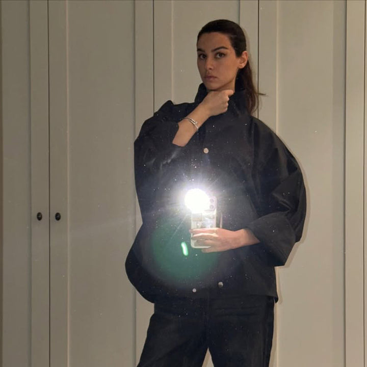 Women's oversized shirt jacket with stand collar, boxy silhouette and snap button placket Mune Fashion