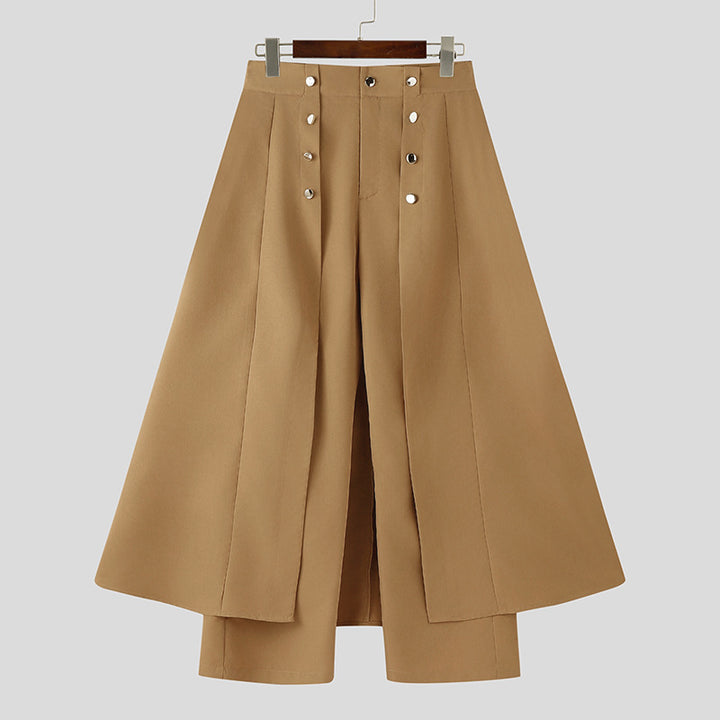 Women high-waisted flared midi wrap skirt with inner culottes and decorative button placket Mune Fashion