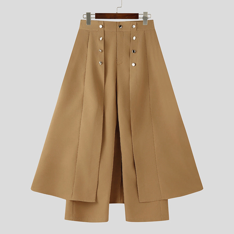 Women high-waisted flared midi wrap skirt with inner culottes and decorative button placket Mune Fashion