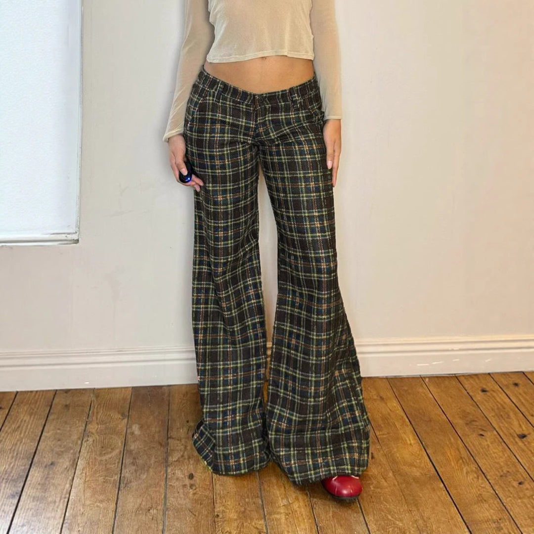 Women's Checkered Flared Trousers with Flared Leg and Tailored Waist Mune Fashion