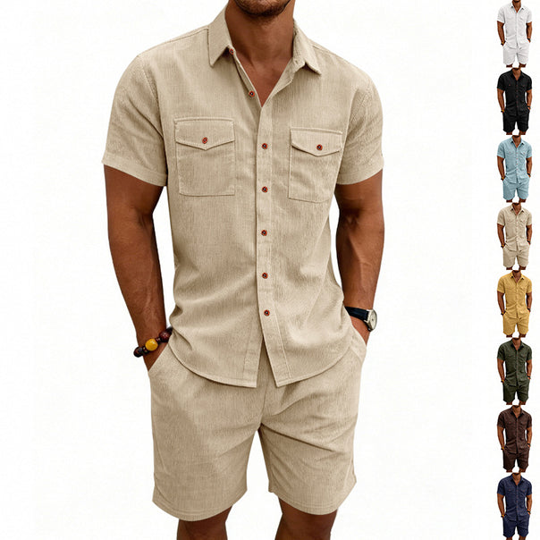 Men's structured cord leisure set with camp collar shirt and casual shorts Mune Fashion