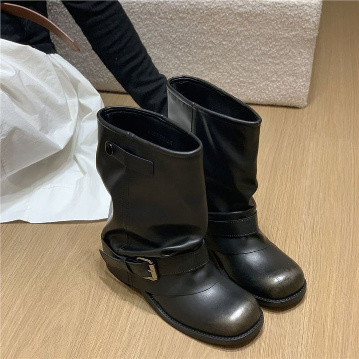 Women's Slouchy Biker Ankle Boots with Adjustable Buckle Strap and Round Toe Shape Mune Fashion