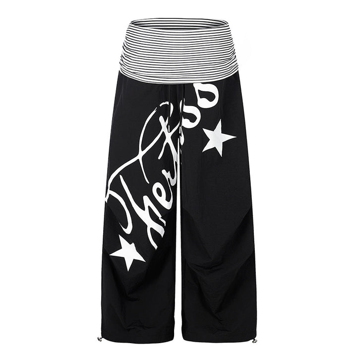 Women's Wide Palazzo Pants with High Striped Comfort Waistband and Statement Print Mune Fashion