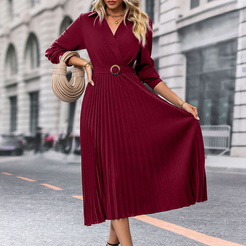 Women's Midi Pleated Dress with Wrap Top, Waist Belt and Pleated Skirt Mune Fashion