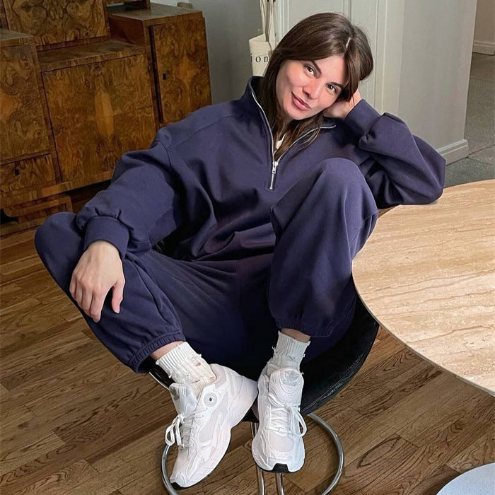 Women Two-Piece Sweatset with Stand-Up Collar Half-Zip and Relaxed Oversized Cut Mune Fashion