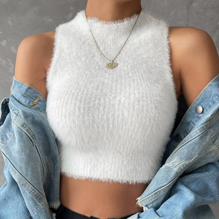 Women's short cut sleeveless ribbed knit crop top with stand-up collar Mune Fashion