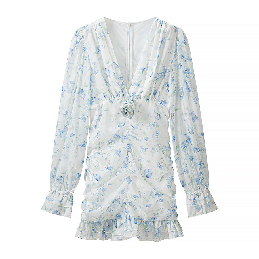 Women's wrap mini dress with deep V-neck, ruffled edge and ruched waist Mune Fashion