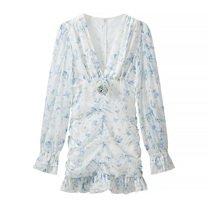 Women's wrap mini dress with deep V-neck, ruffled edge and ruched waist Mune Fashion