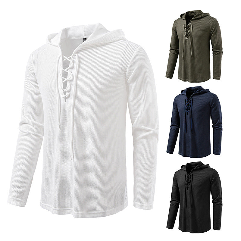 Men's waffle knit hoodie with lace-up collar and straight hem Mune Fashion
