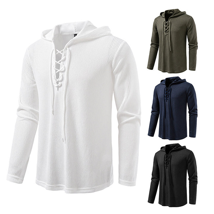 Men's waffle knit hoodie with lace-up collar and straight hem Mune Fashion