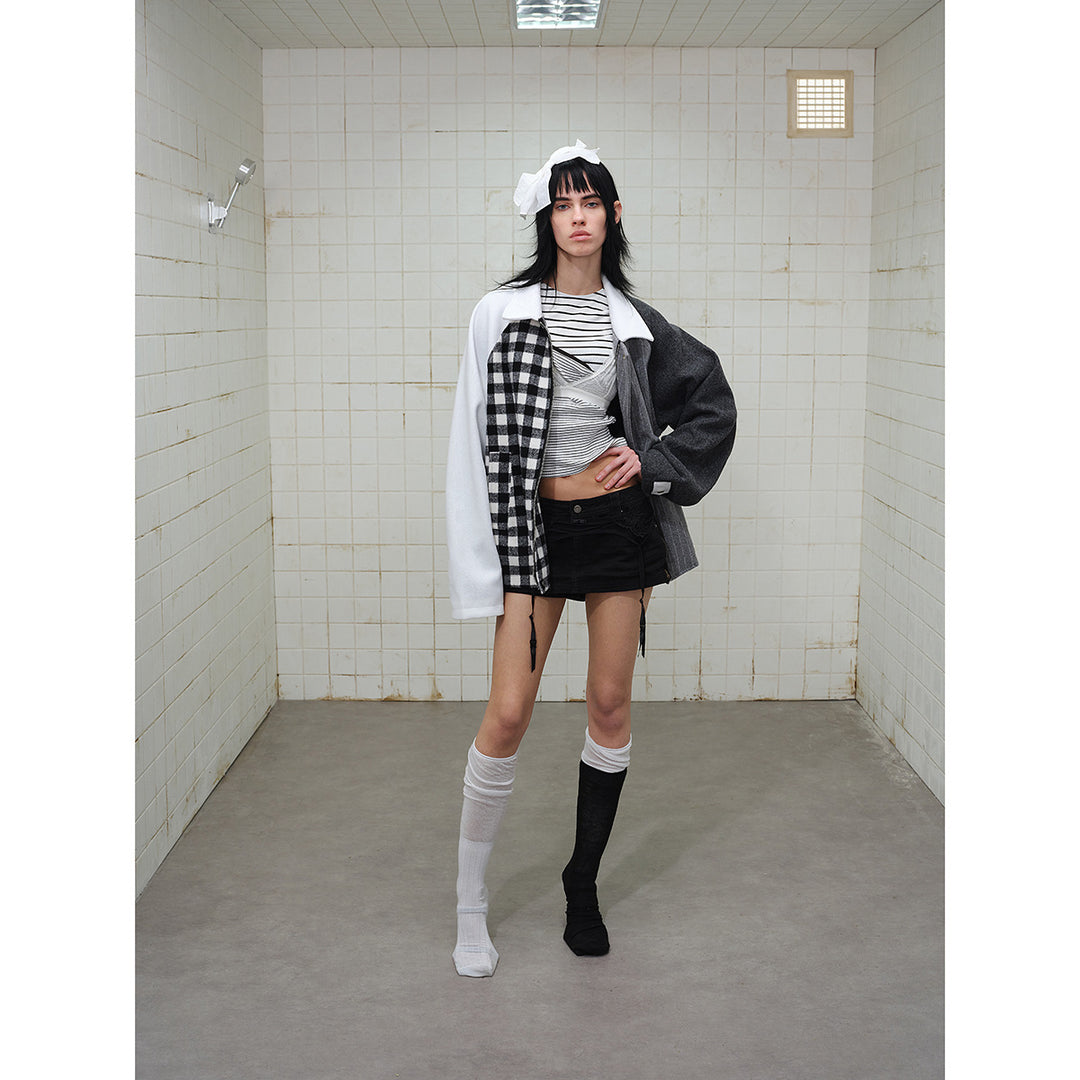Unisex Classically tailored patchwork blouson jacket made of wool blend with shirt collar Mune Fashion