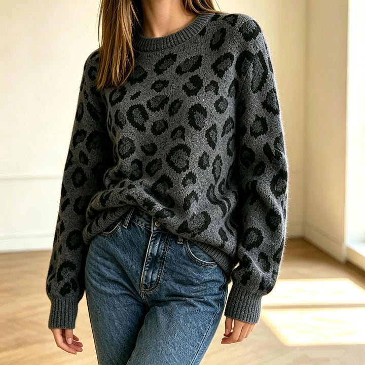 Women's Cozy Round Neck Sweater in Leo Jacquard with Relaxed Oversized Fit Mune Fashion