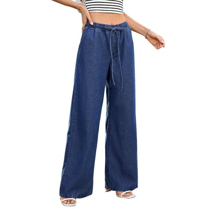 Women's high-waisted wide denim pants with elastic drawstring waistband Mune Fashion
