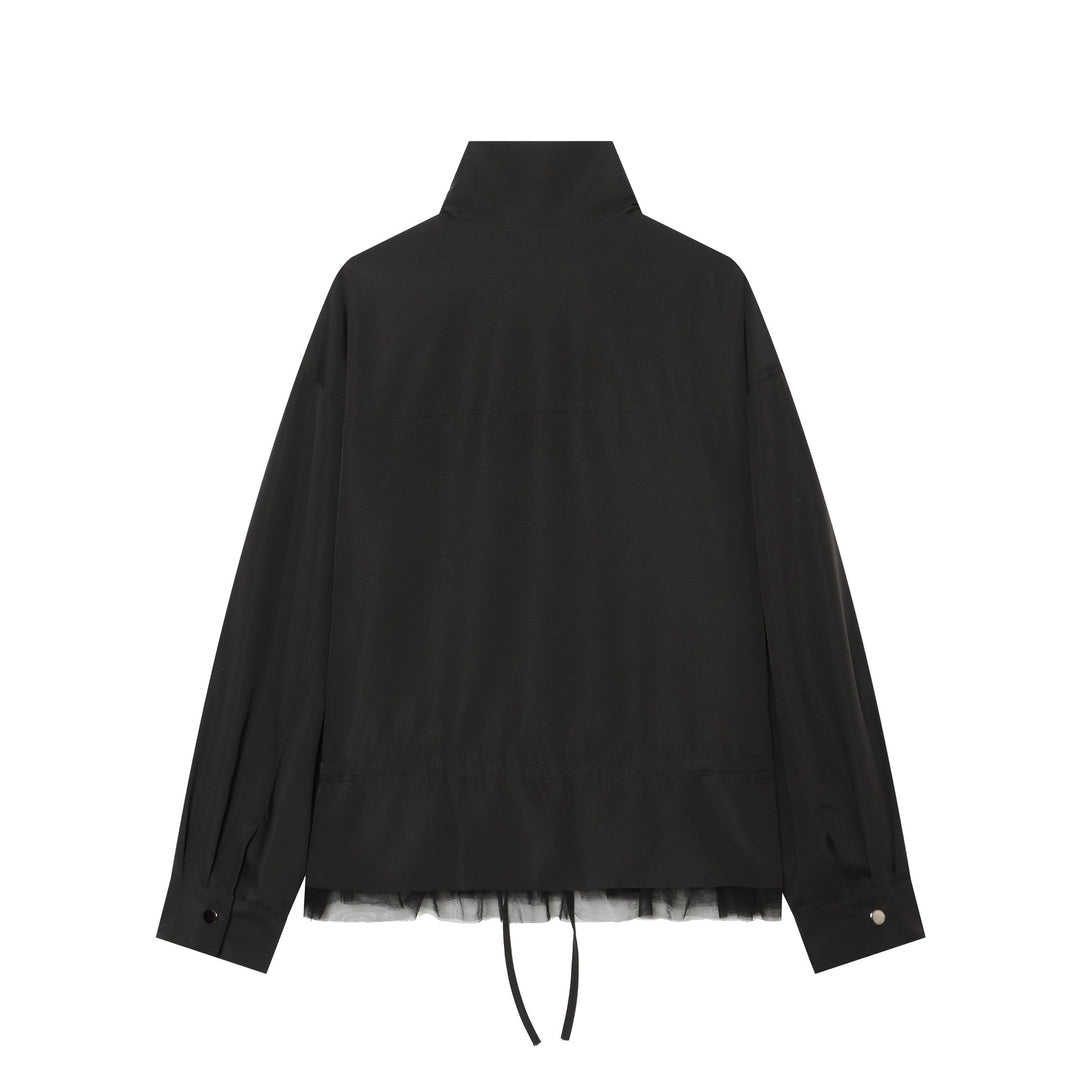 Women's lightweight adjustable windbreaker with stand-up collar, drawstring and tulle trim Mune Fashion