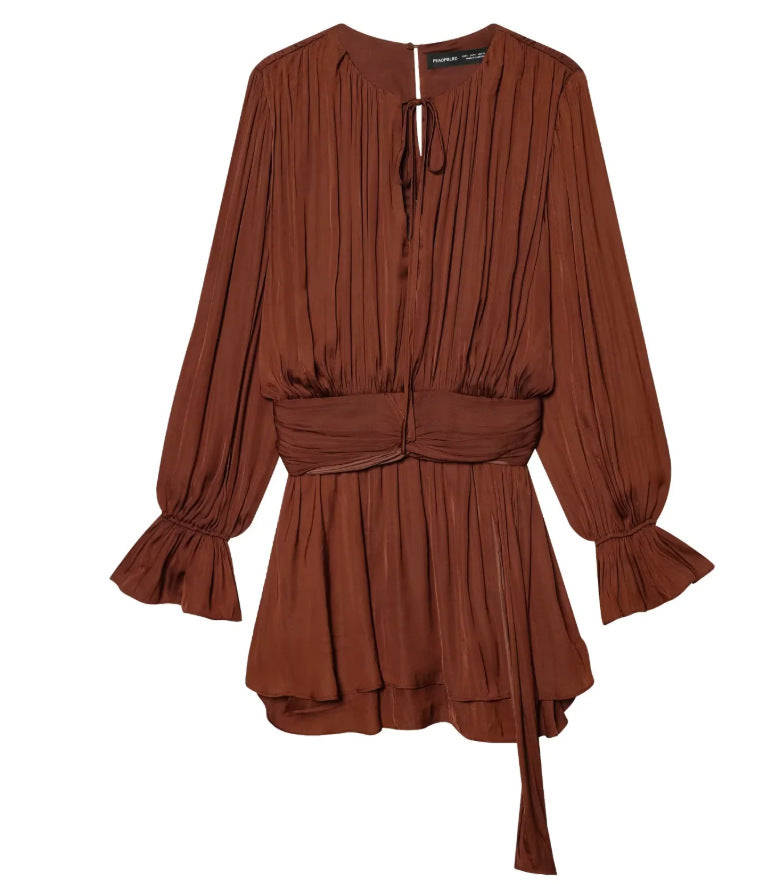 Women's Pleated Tie Blouson Mini Dress with Fitted Wrap Belt and Bell Sleeves Mune Fashion