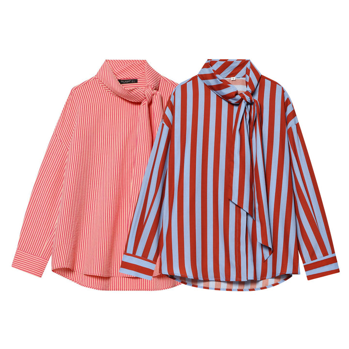 Women's Oversized Blouse with Bow Collar and Fine Stripes Mune Fashion