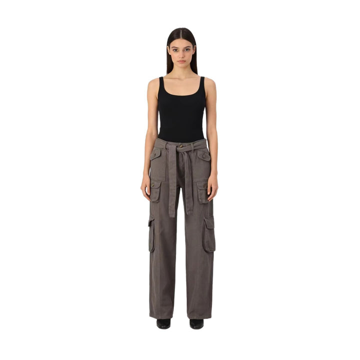 Women's loose cargo trousers with high waist, tie belt and multiple flap pockets Mune Fashion