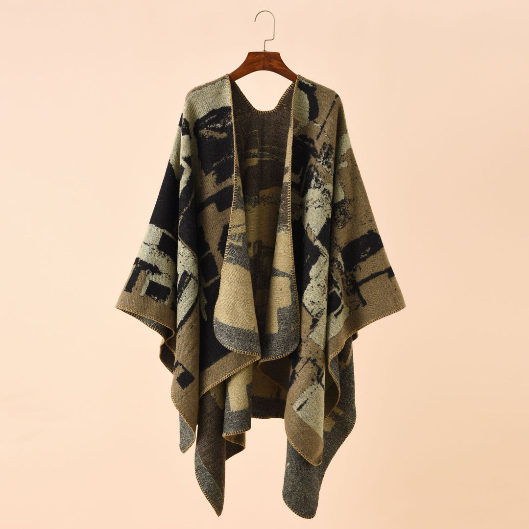 Women's oversized wrap robe made of wool blend with abstract jacquard and decorative stitch edge Mune Fashion