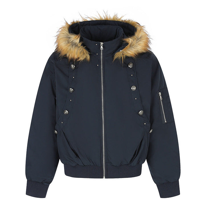 Women's short-cut bomber jacket with faux fur hood and eyelet application Mune Fashion