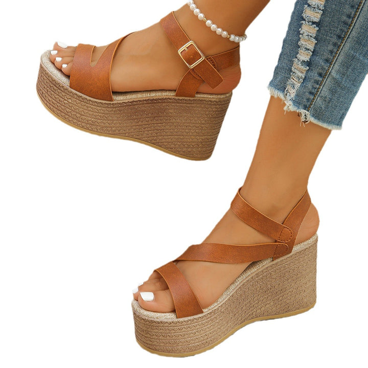 Women's wedge slide with braided jute wedge, crossed straps, adjustable buckle tab, and padded footbed Mune Fashion