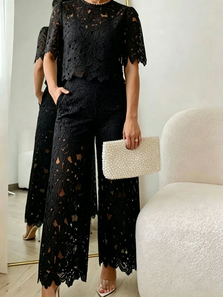 Ladies' two-piece set in Guipure lace with a cropped top, scalloped hem, and high-waisted wide Palazzo pants Mune Fashion