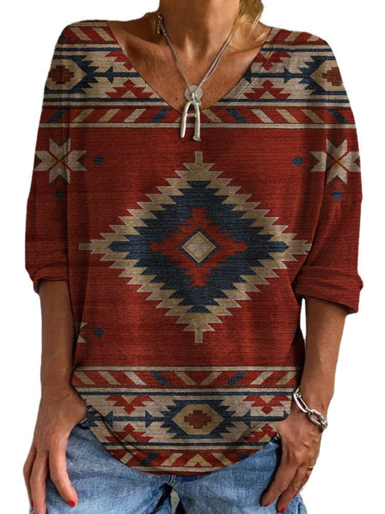 Women's Aztec patterned oversized tunic top with V-neck and three-quarter sleeves Mune Fashion