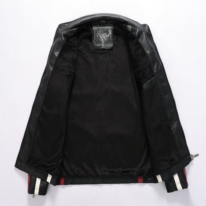 Men's biker jacket made of faux leather with racing patches and contrasting stripes Mune Fashion