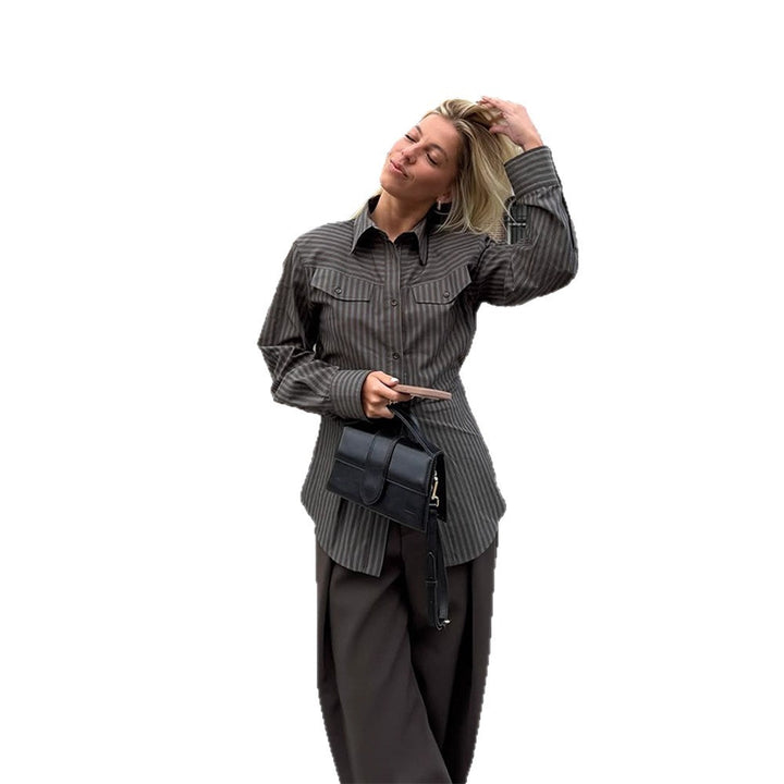 Women's Tailored Striped Shirt Blouse with Breast Pockets and Extended Hem Mune Fashion