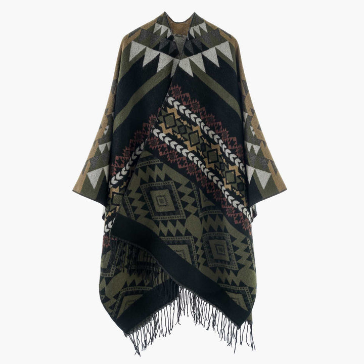 Women's Oversize Jacquard Cape in Ethno Jacquard with Fringing Mune Fashion