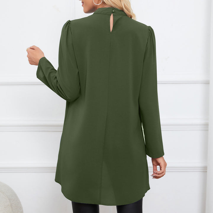 Women Casual Chiffon Blouse with Stand Collar and Extended Peplum Detail Mune Fashion