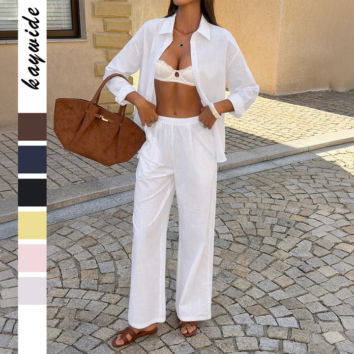 Women's nan legeres shirt and palazzo set made of structured linen look with Kent collar and high waist Mune Fashion