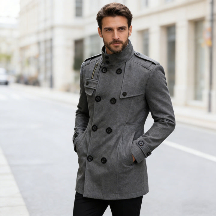 Men's tailored double-breasted short coat with stand-up collar and shoulder flaps Mune Fashion