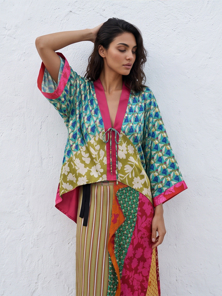 Women's Patchwork Kimono Top made of silk blend with deep V-neck and tie belt Mune Fashion