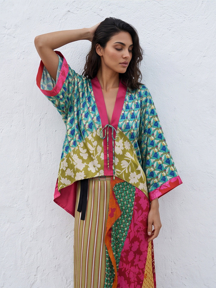 Women's Patchwork Kimono Top made of silk blend with deep V-neck and tie belt Mune Fashion