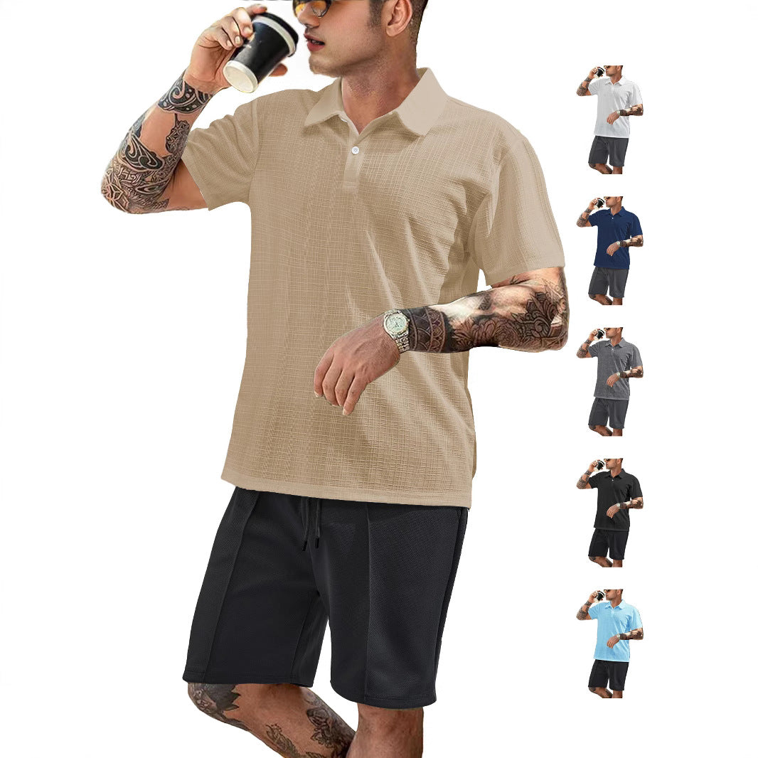 Men's two-piece summer travel set with textured short-sleeve polo shirt and functional mesh shorts Mune Fashion