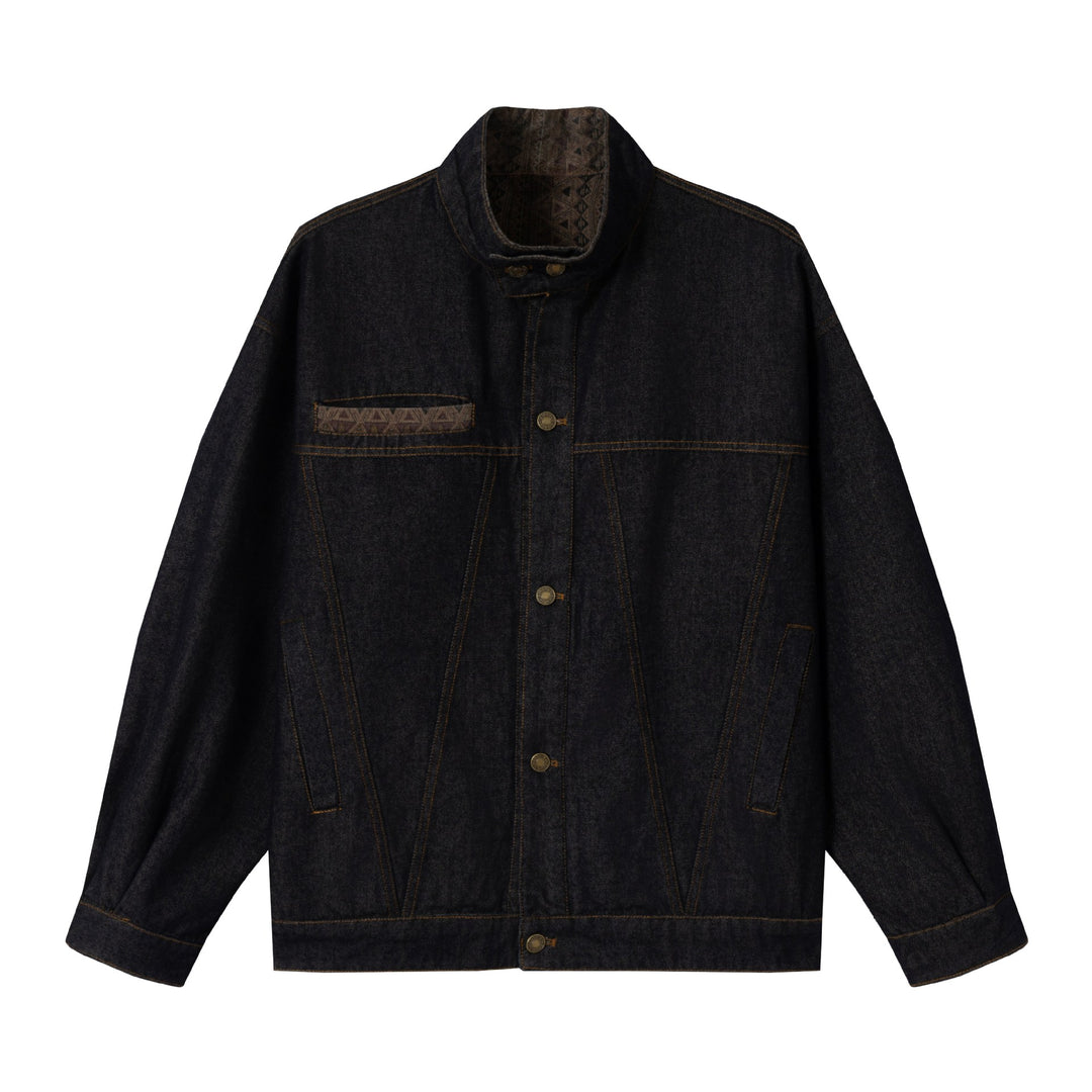 Unisex Oversized Denim Jacket with Funnel Neck and Decorative Chest Flap Mune Fashion