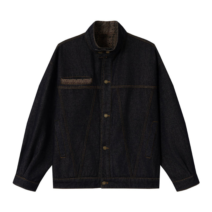 Unisex Oversized Denim Jacket with Funnel Neck and Decorative Chest Flap Mune Fashion