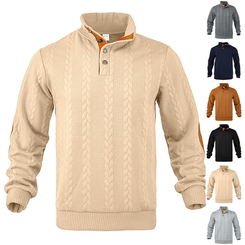 Men's casual cable knit pullover with reinforced button placket and suede elbow patches Mune Fashion